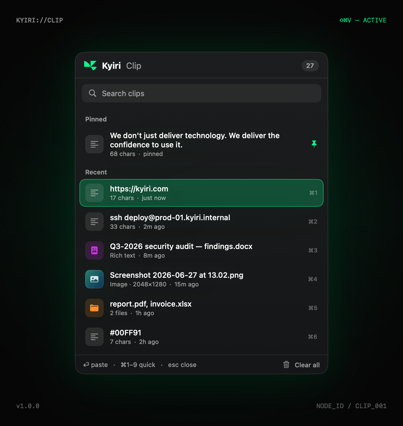 Kyiri Clip popup showing pinned and recent clipboard items with quick-paste numbers