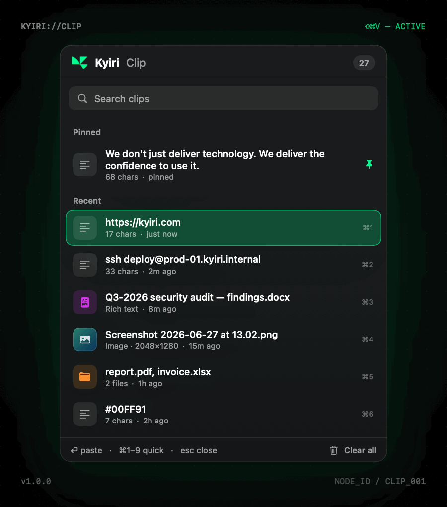 Kyiri Clip demo: navigating the clipboard history, pasting an item, and searching